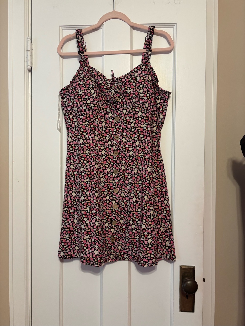 No Boundaries Black Floral Button-Front Mini Dress with Pink Accents